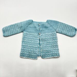 VTG 50s 60s Baby Hand Knit Infant 0-3 Months Sweater Cardigan Baby Blue/White